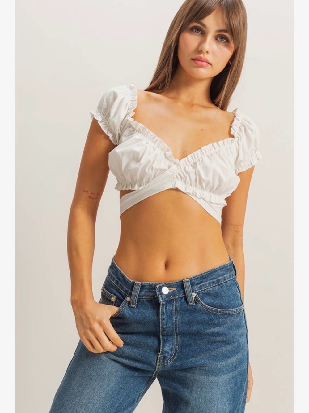 White Puff Sleeve Ruched Crop Top Wrap Tie Medium HYFVE NWT